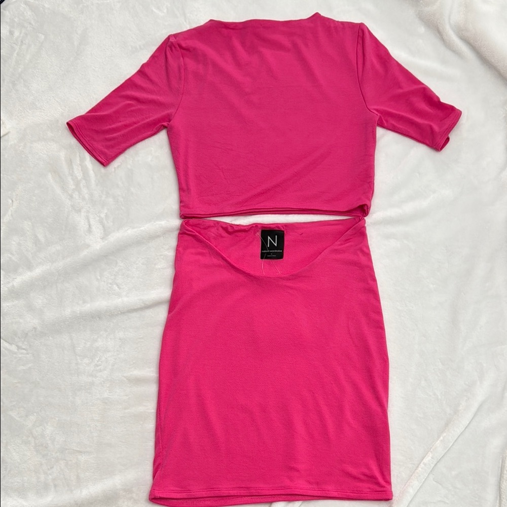 Naked Wardrobe Pink Two‑Piece Skirt Set | Crop Top + Skirt | Women’s Medium